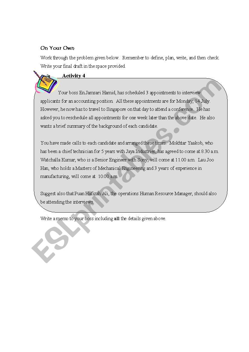 memo writing worksheet