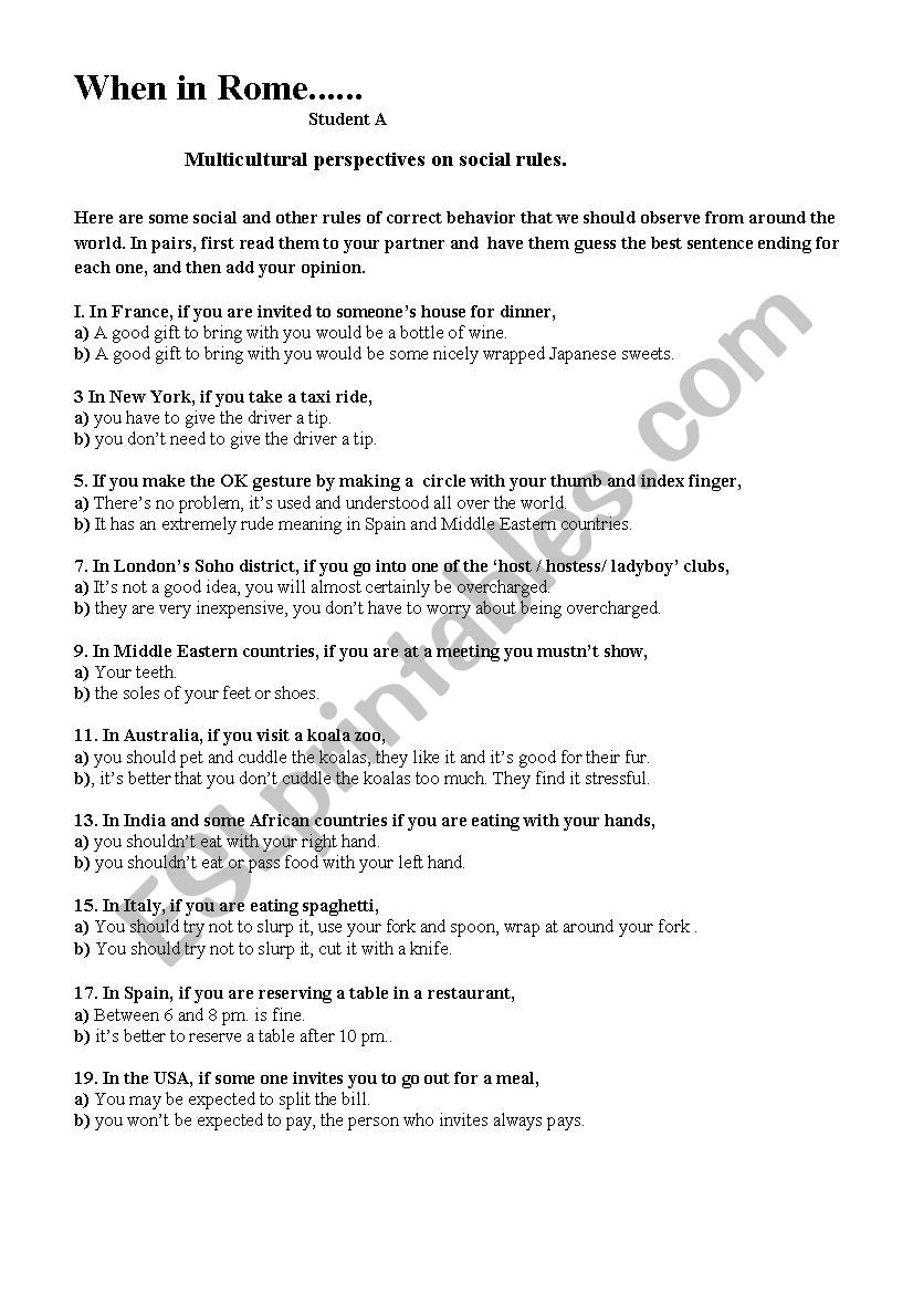 When in Rome worksheet