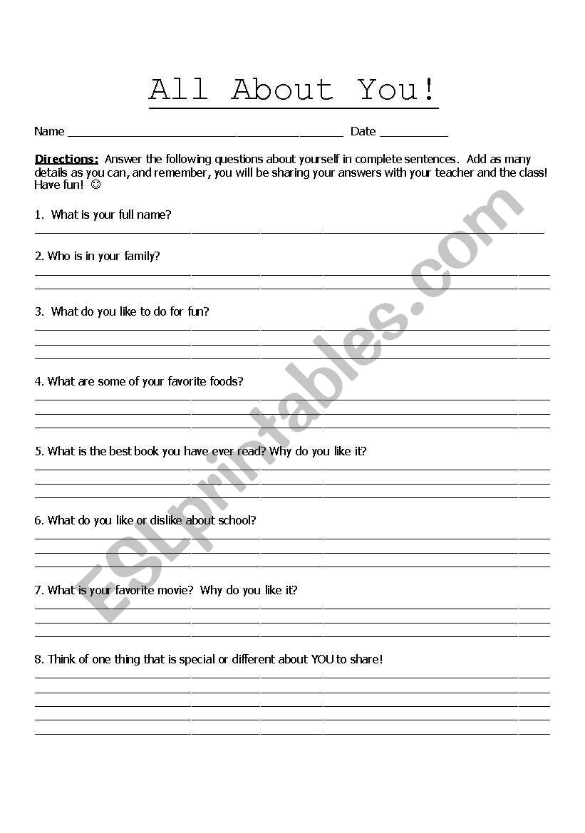 All About You worksheet