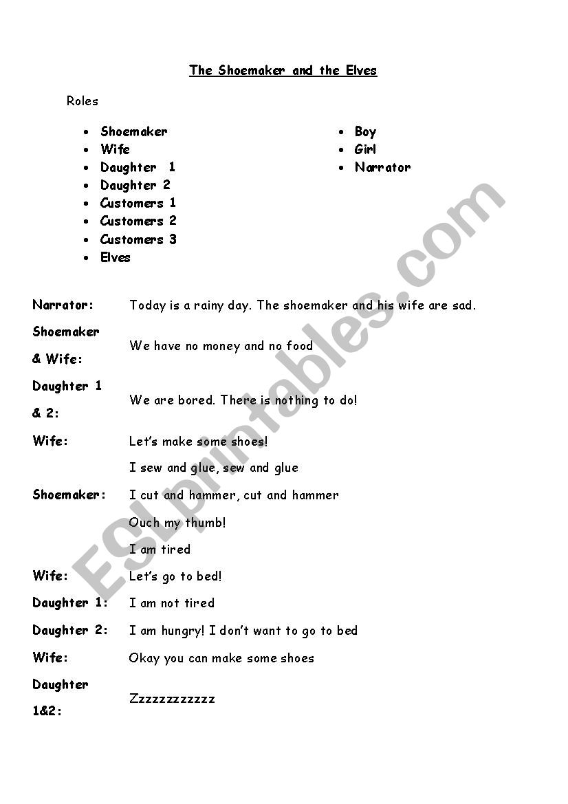 The Shoemaker and the Elves worksheet
