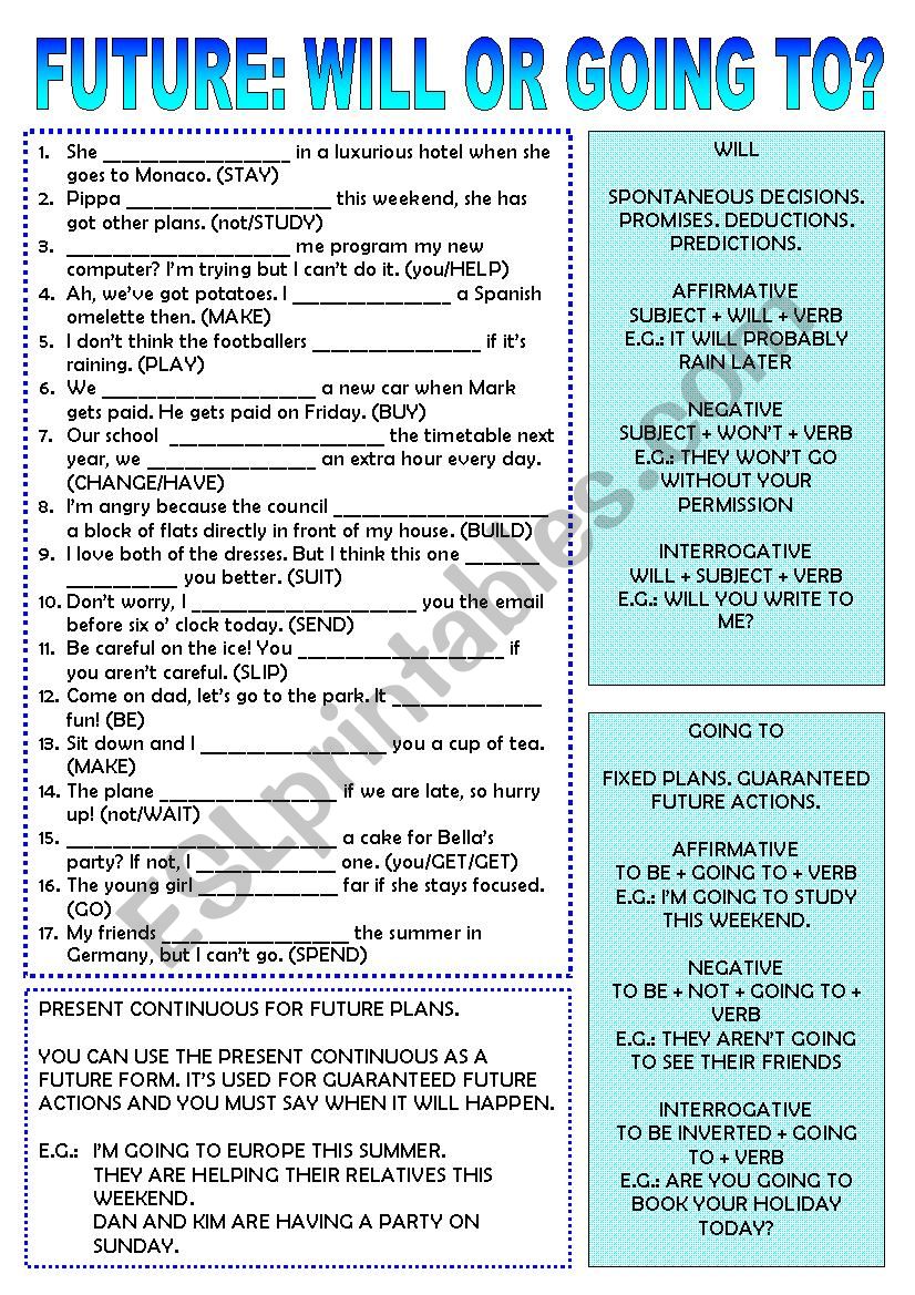 Will or Going to worksheet