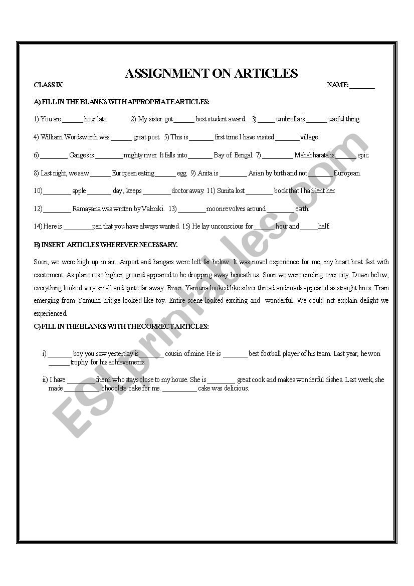 ARTICLES worksheet