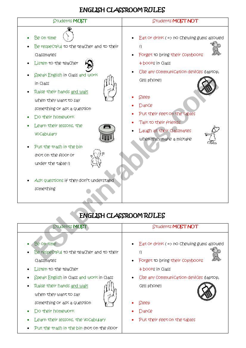 English Classroom Rules worksheet