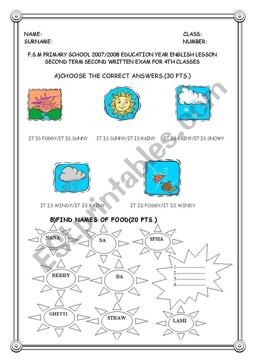 EXAM FOR 4TH GRADES worksheet