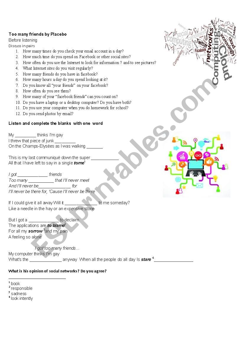 Too many friends by Placebo worksheet