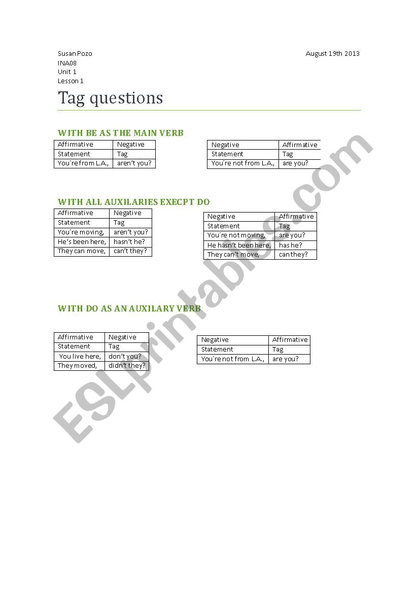 Tag questions worksheet