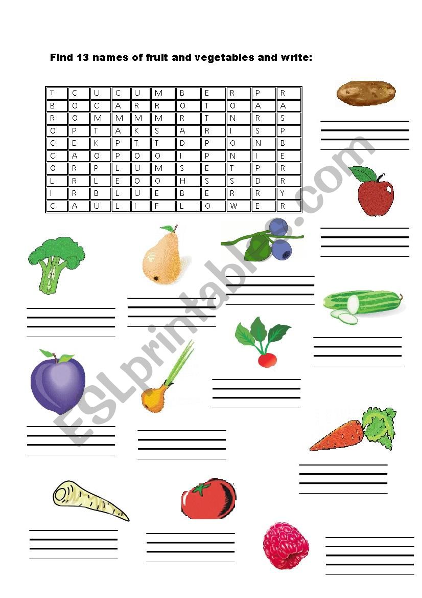 Fruit and vegetables - wordsearch