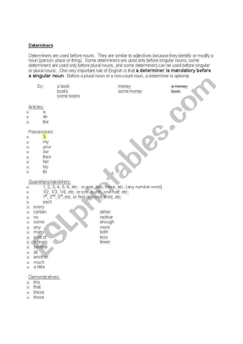 Determiners  worksheet