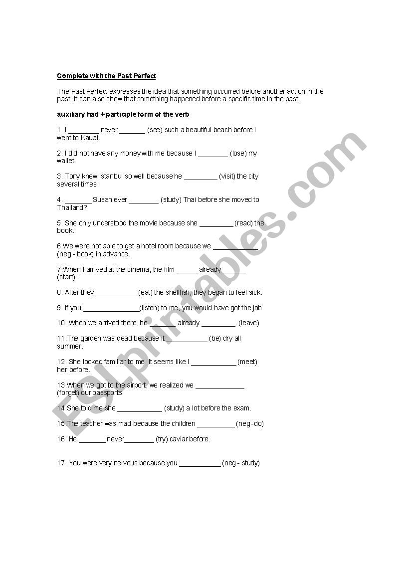 Past Perfect Exercises worksheet