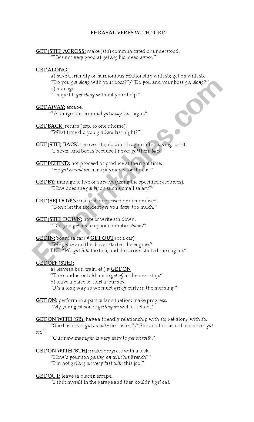 PHRASAL VERBS WITH GET worksheet