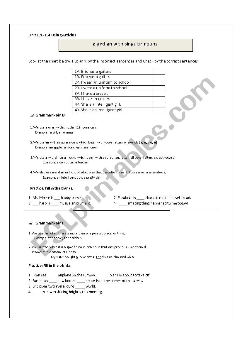 Articles worksheet