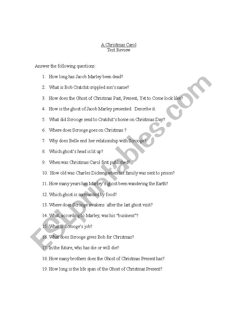 Test Review Christmas Carol worksheet