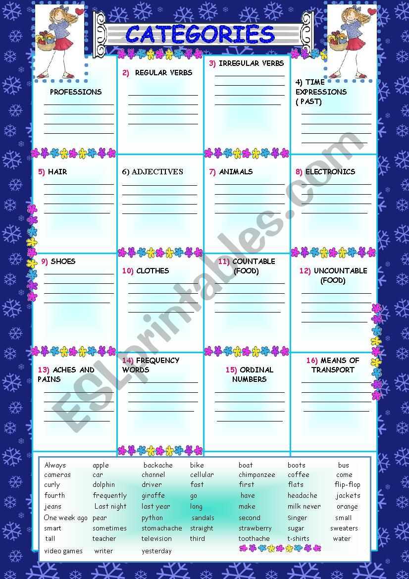 Categories worksheet