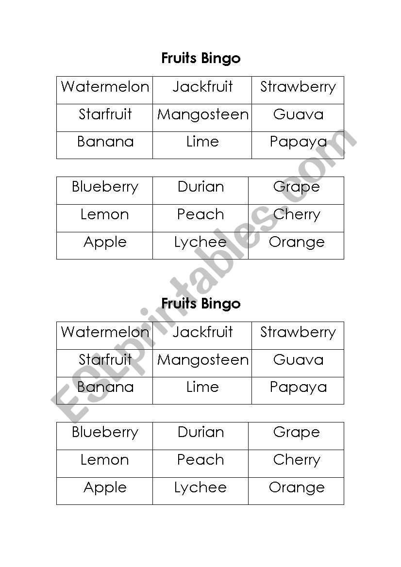 Fruits Bingo worksheet