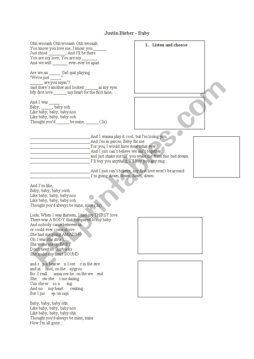 Justin Bieber - Baby (worksheet to a listening activity about the song)