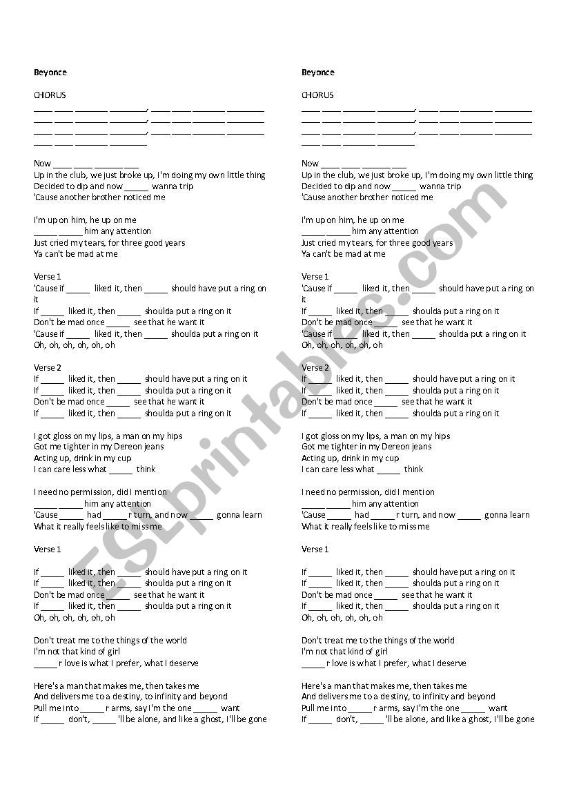 Beyonce_all single ladies worksheet