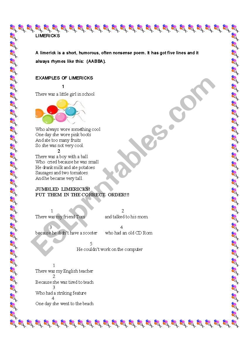 Limericks worksheet