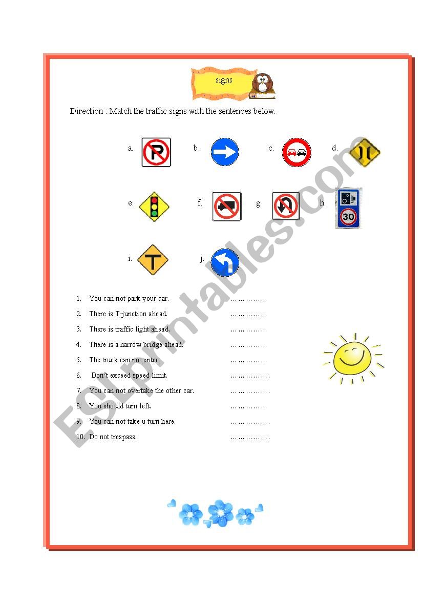 Road sings worksheet