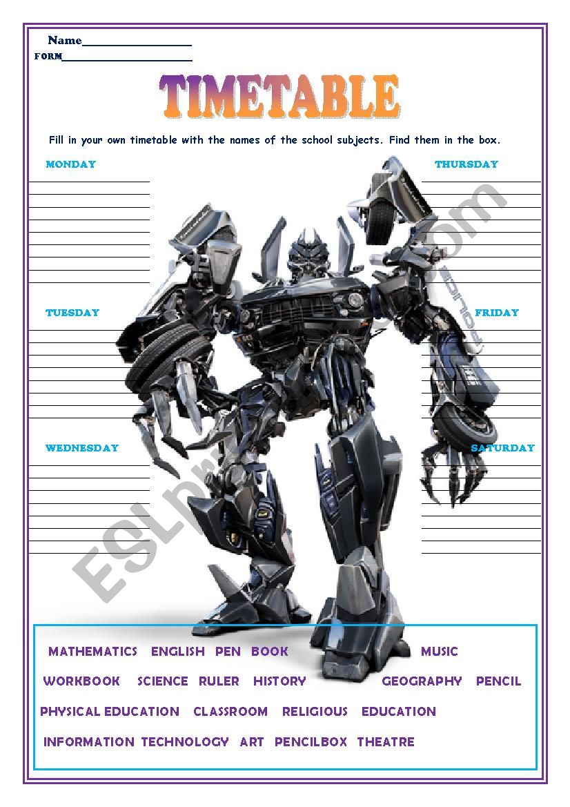 Timetable worksheet