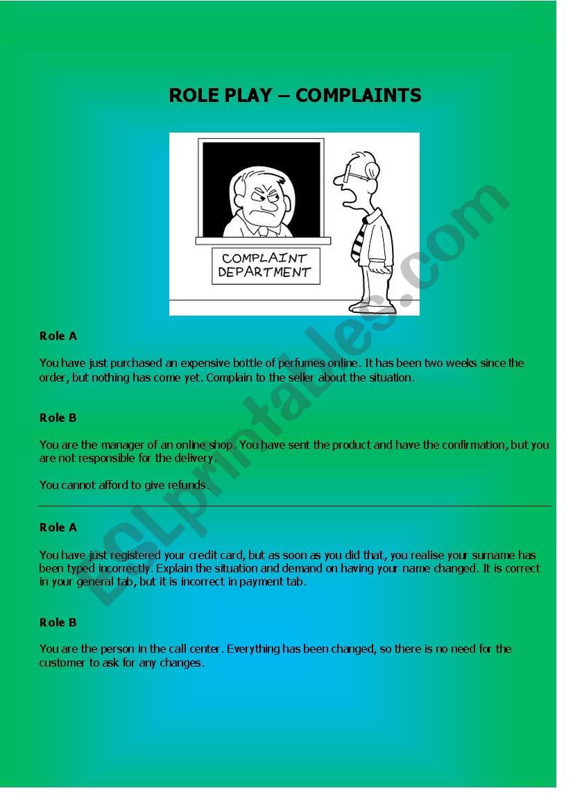 Role Play- Complaints worksheet