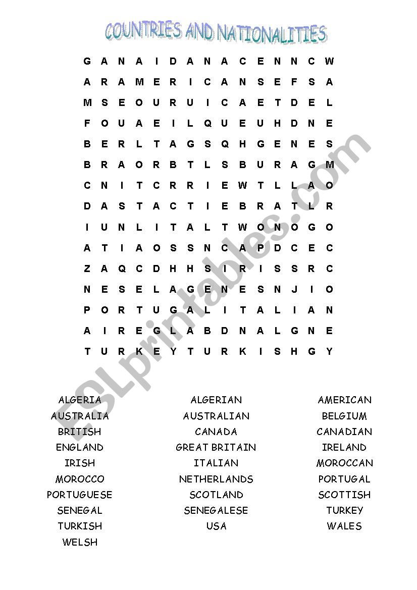 Countries and nationalities wordsearch