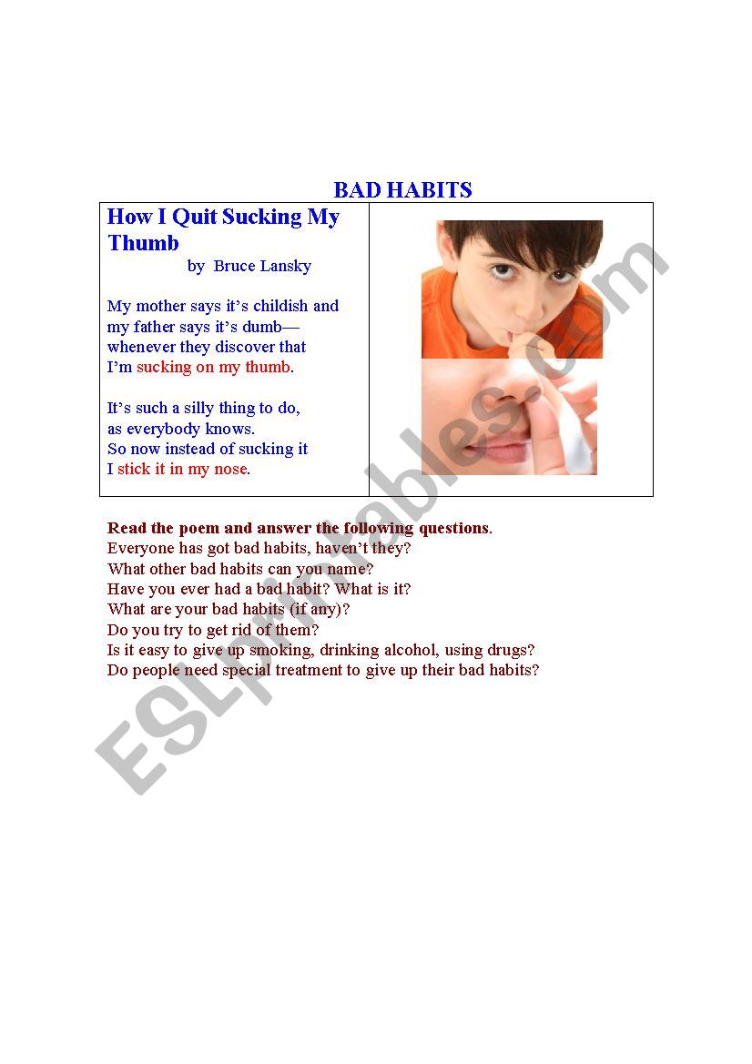 BAD HABITS worksheet