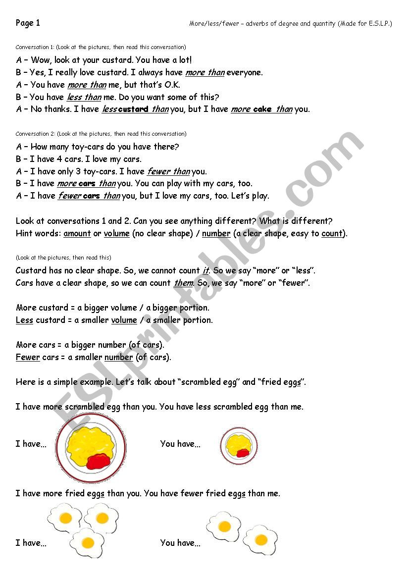 I have more custard than you (More/less vs More/fewer) Intro; grammar focus, gap-fill, guided conversation.