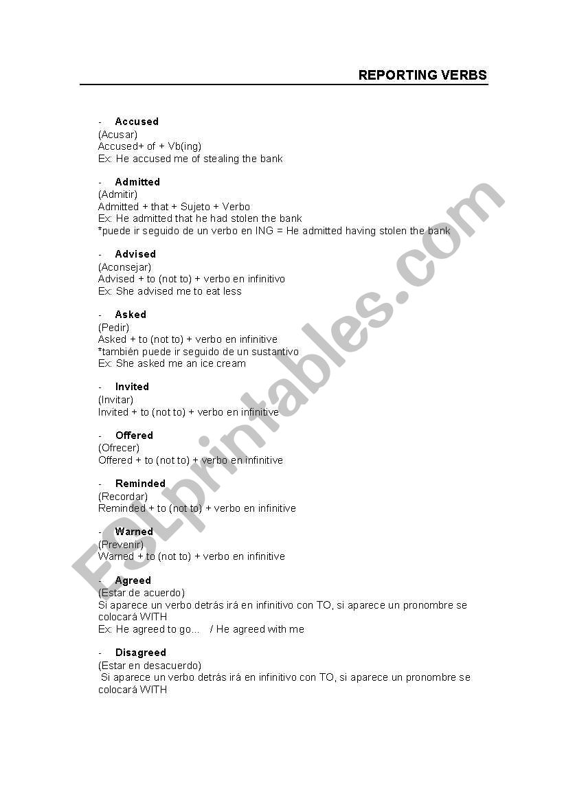 reporting verbs worksheet