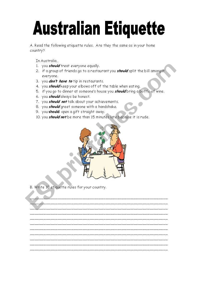 Australian Etiquette worksheet
