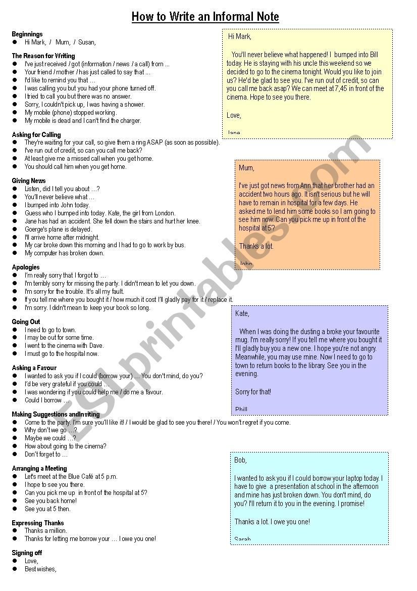 How to Write an Informal Note worksheet