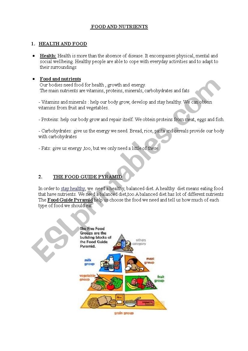 FOOD AND NUTRIENTS worksheet