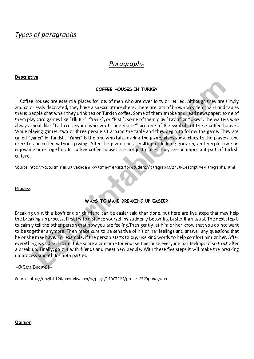 Types of Paragraphs worksheet