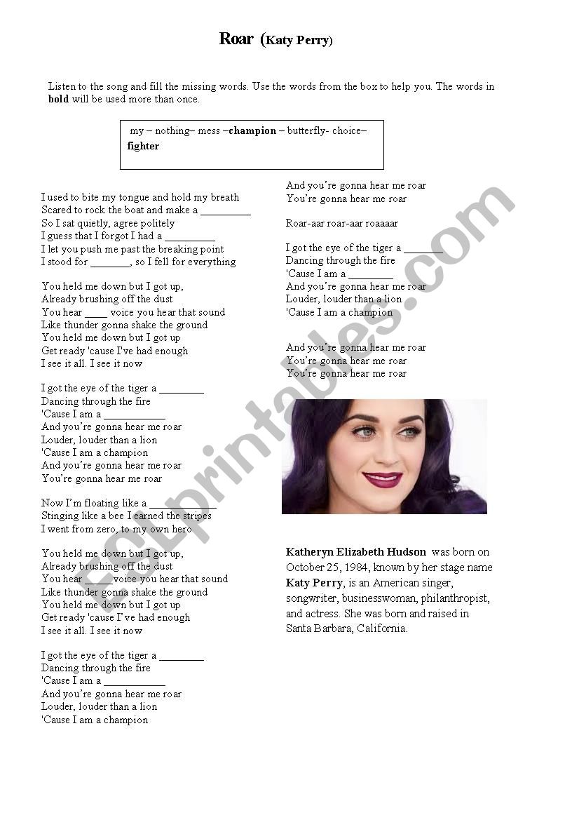 Roar by Katy Perry worksheet