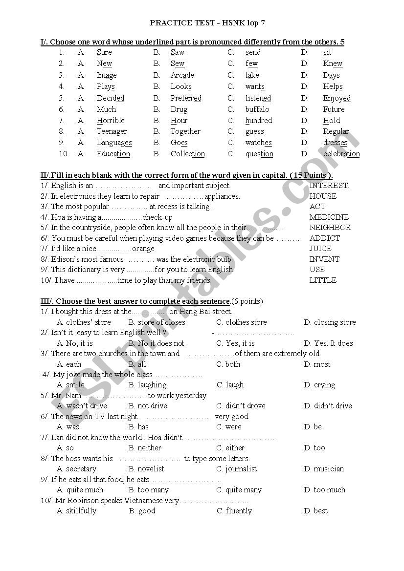 Practice test worksheet