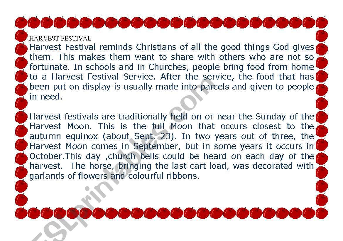 Harvest festival worksheet