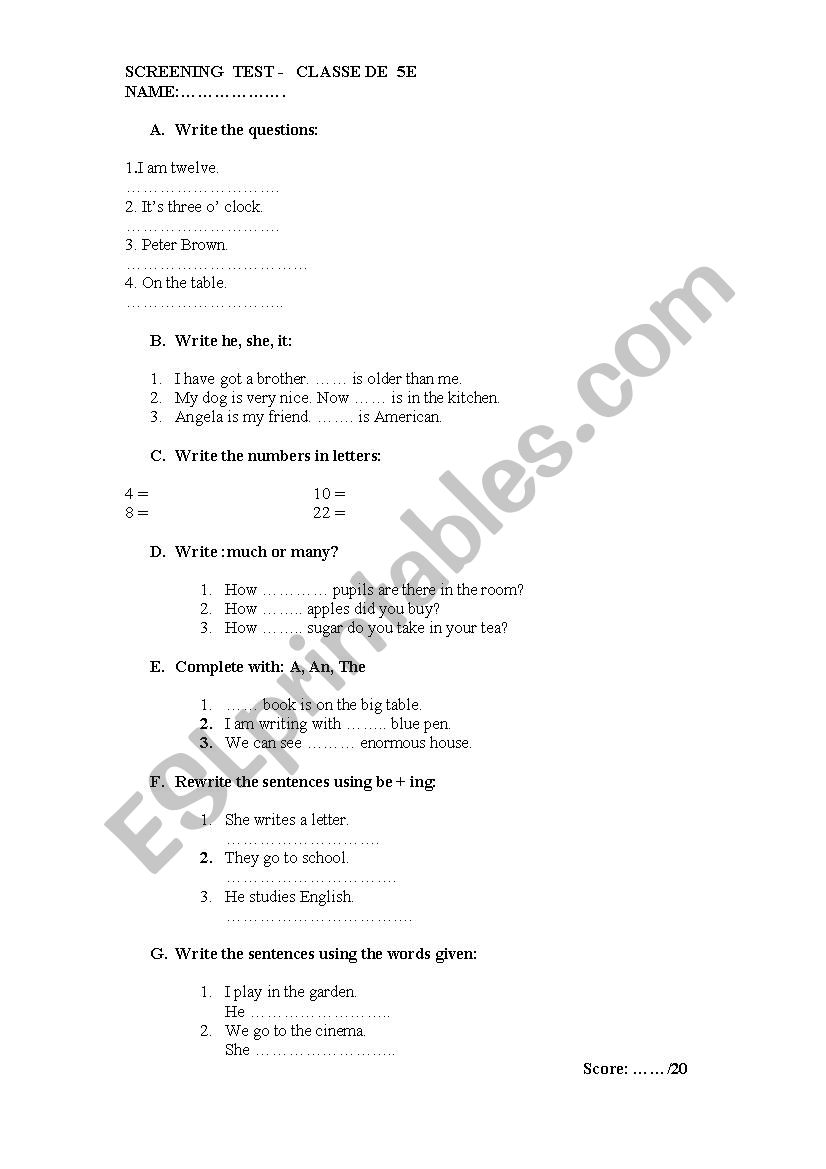 Screening test 5ieme worksheet