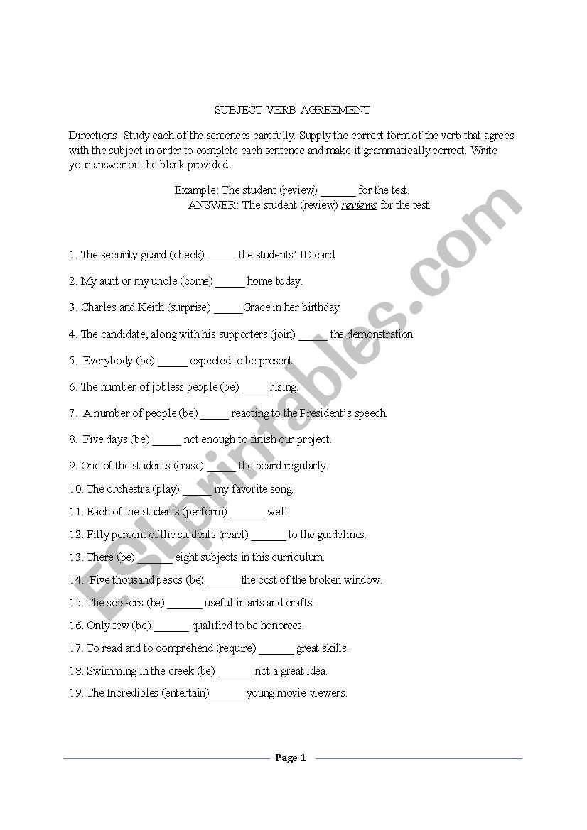 Subject- Verb Agreement Exercises (Complete the Sentence)