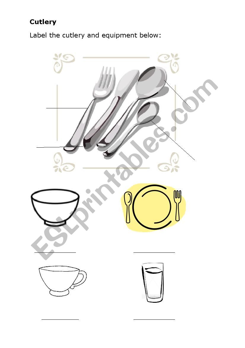 Cutlery and table crockery worksheet