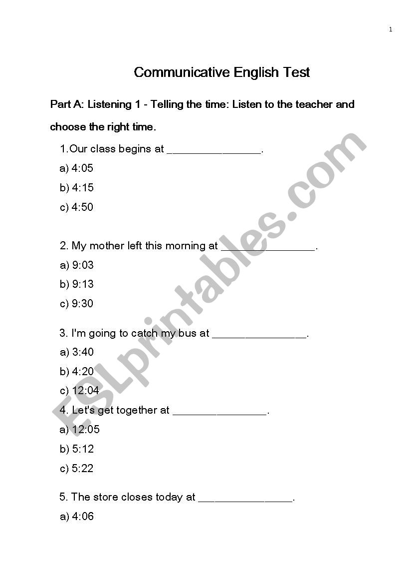 Communicative English Test worksheet