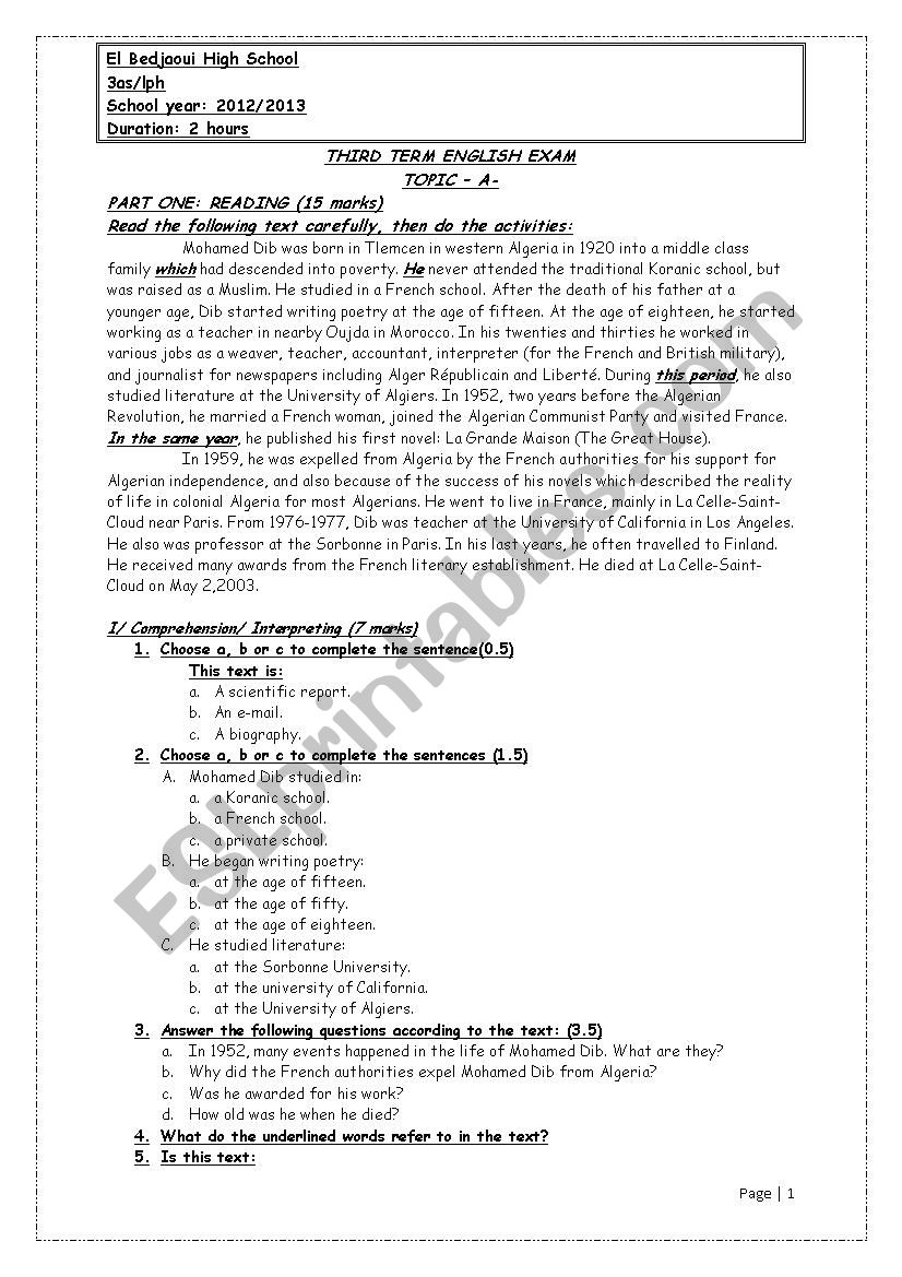 The biography of Mohamed Dib worksheet