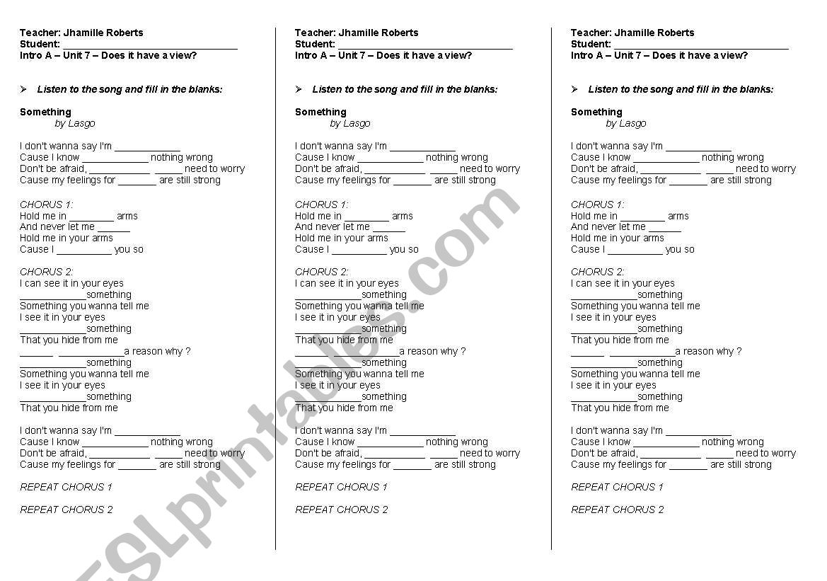 Song - Something by Lasgo worksheet