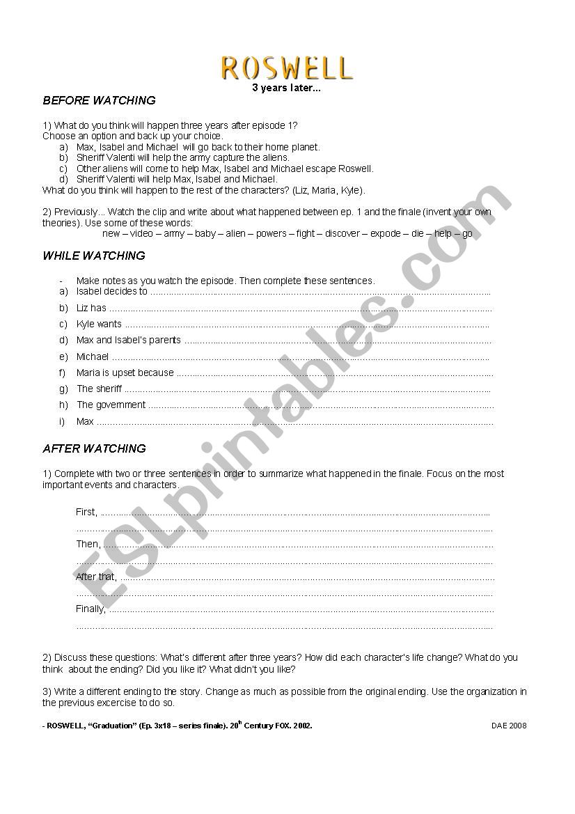 ROSWELL: 3 Years Later worksheet