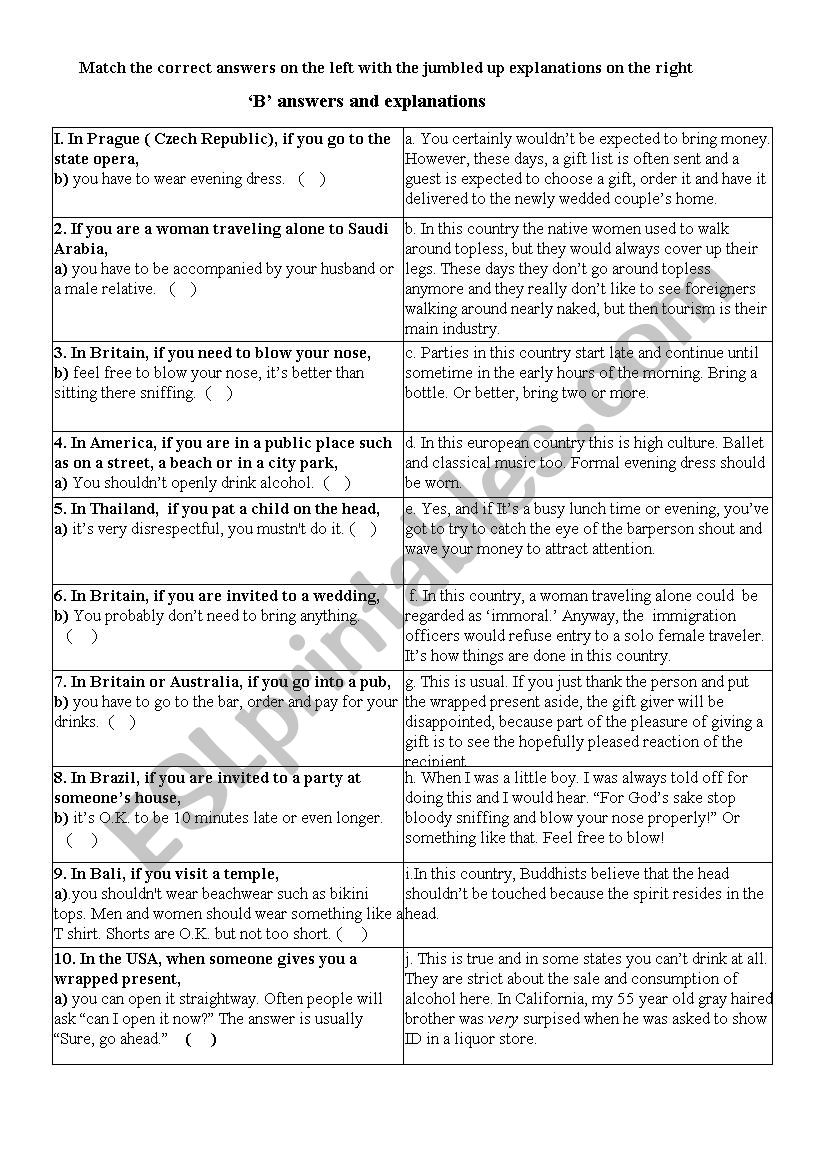 When in Rome explanations B worksheet