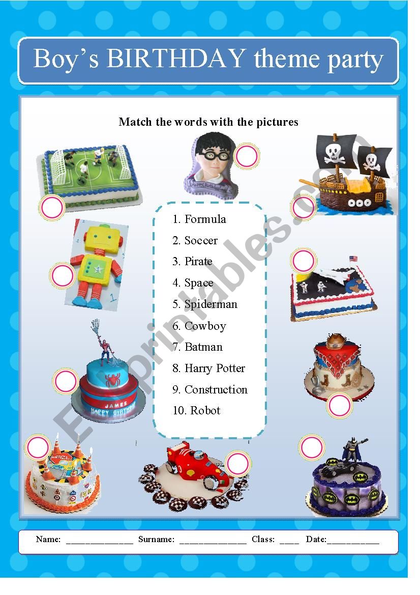 Birthday themes/ part 1-Boys worksheet