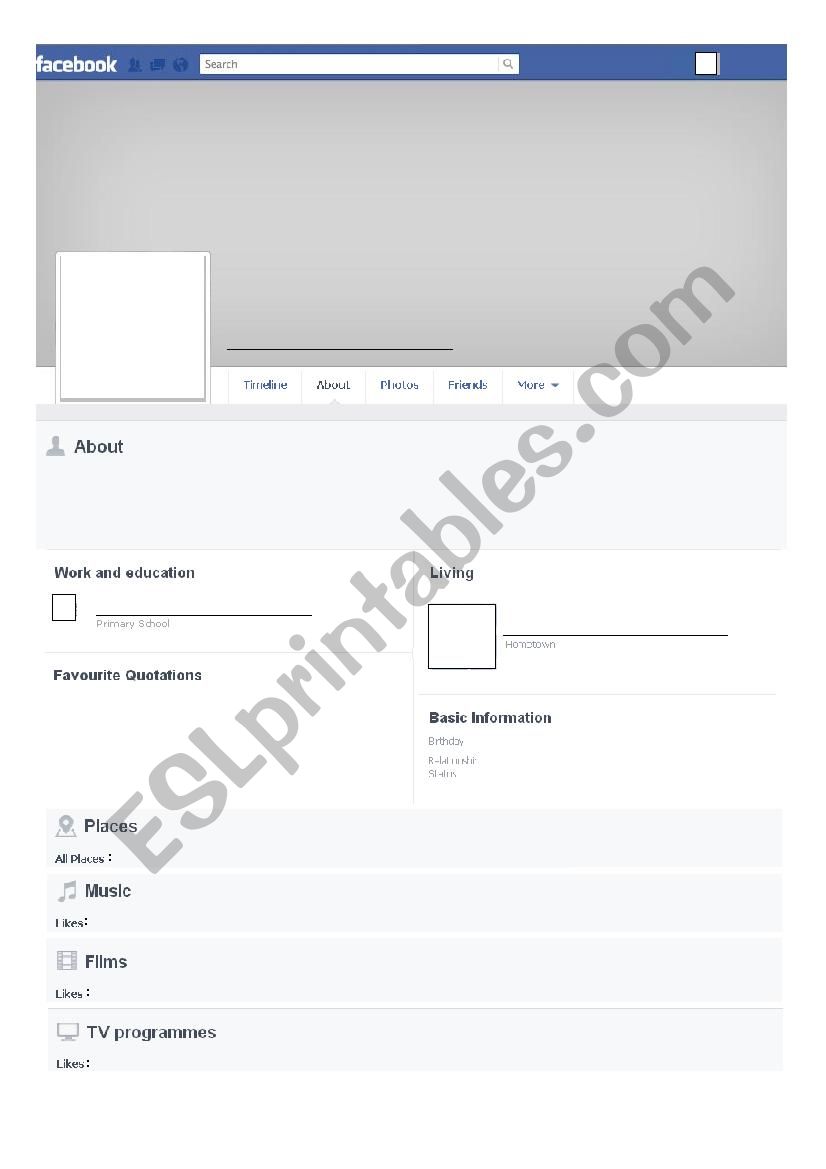 facebook template (about me) worksheet