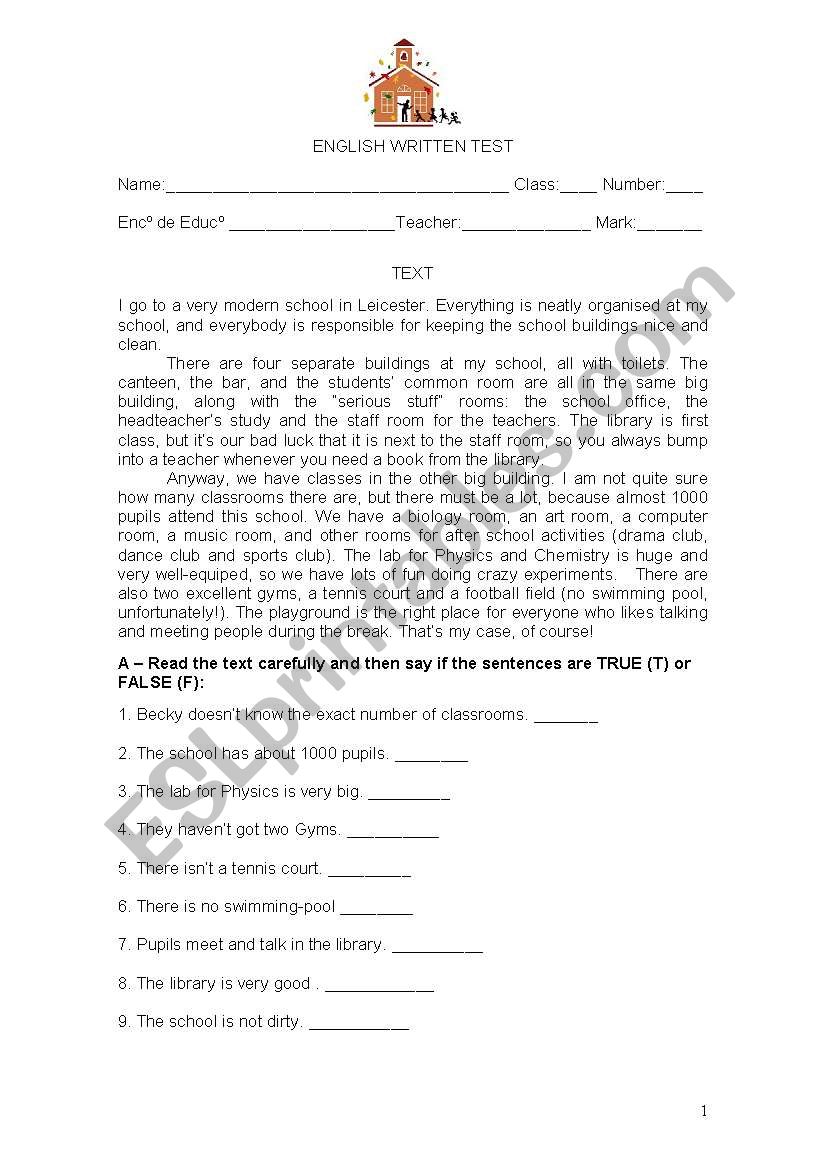 English written test worksheet