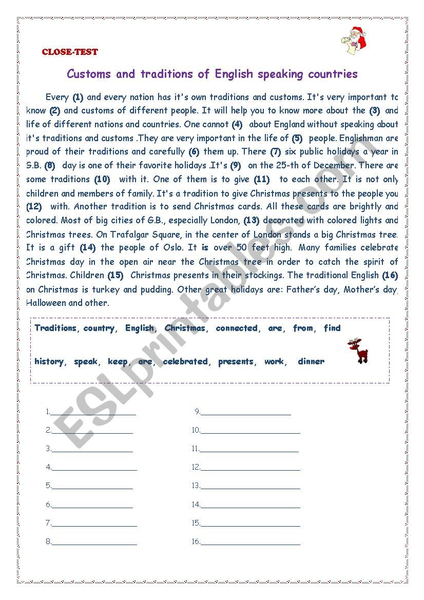 Christmas traditions worksheet