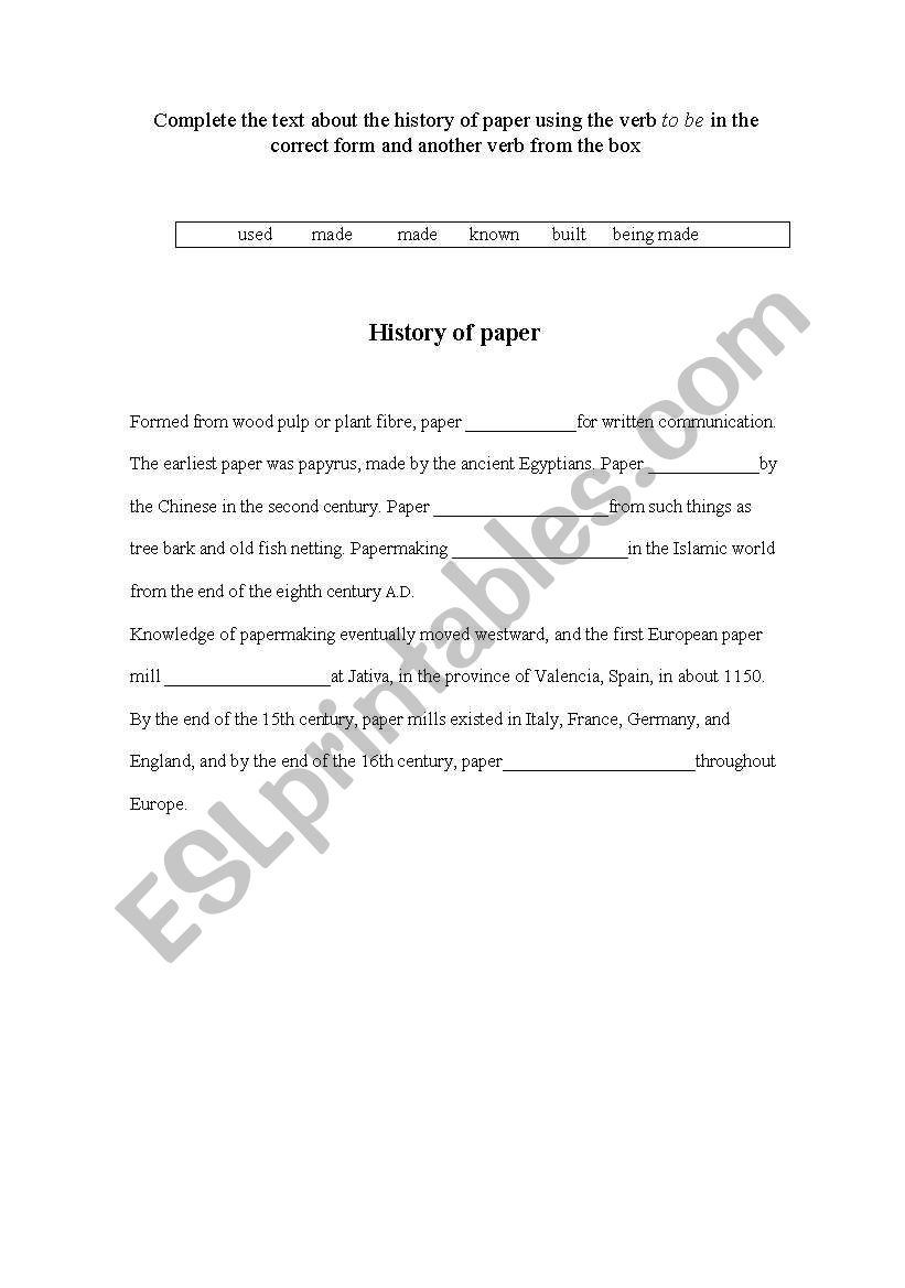 the history of paper  worksheet