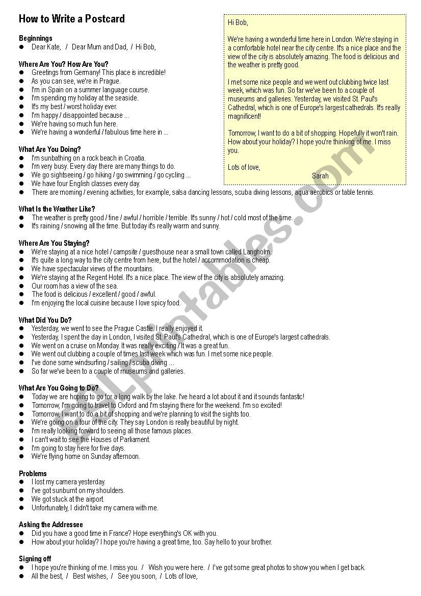 How to Write a Postcard worksheet