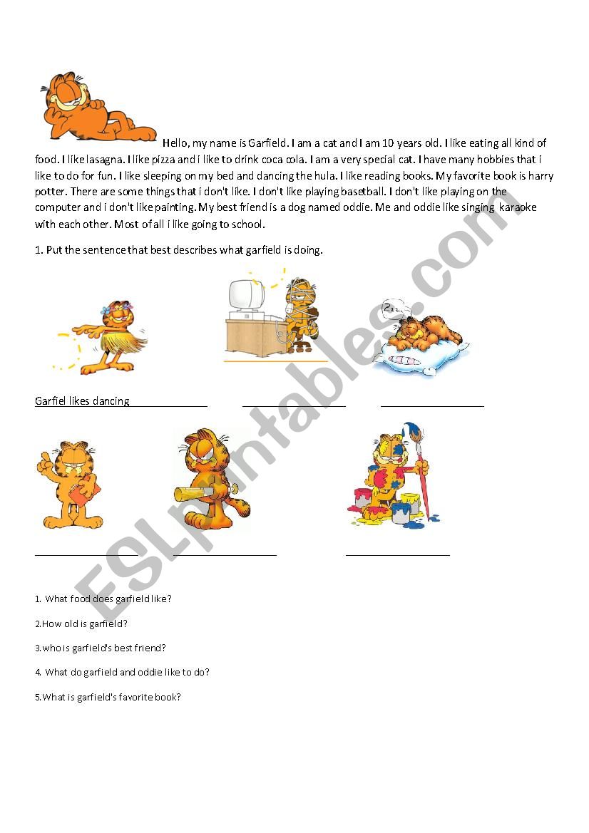 Garfield:like+ing reading worksheet